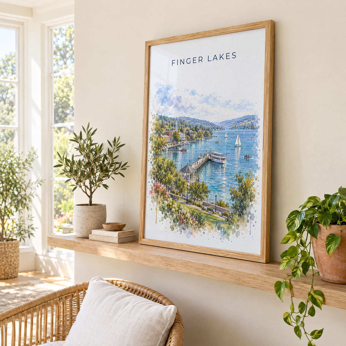 Finger Lakes watercolor print in an oak frame on a picture ledge in a sunlit sunroom