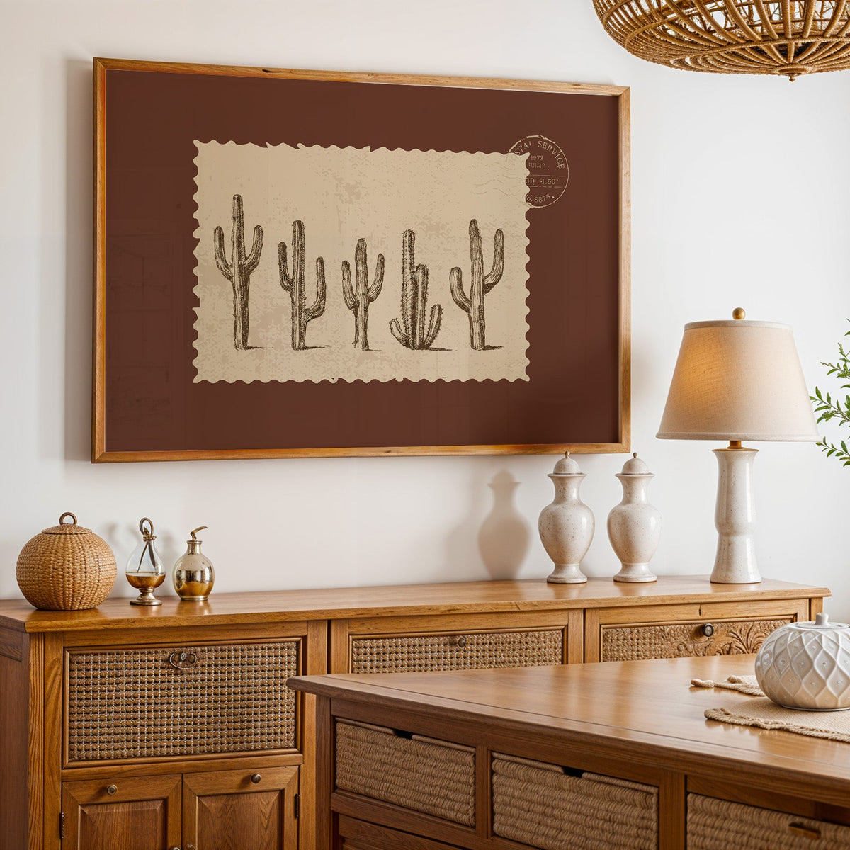 Five cacti print in an oak frame above a cane sideboard with a table lamp