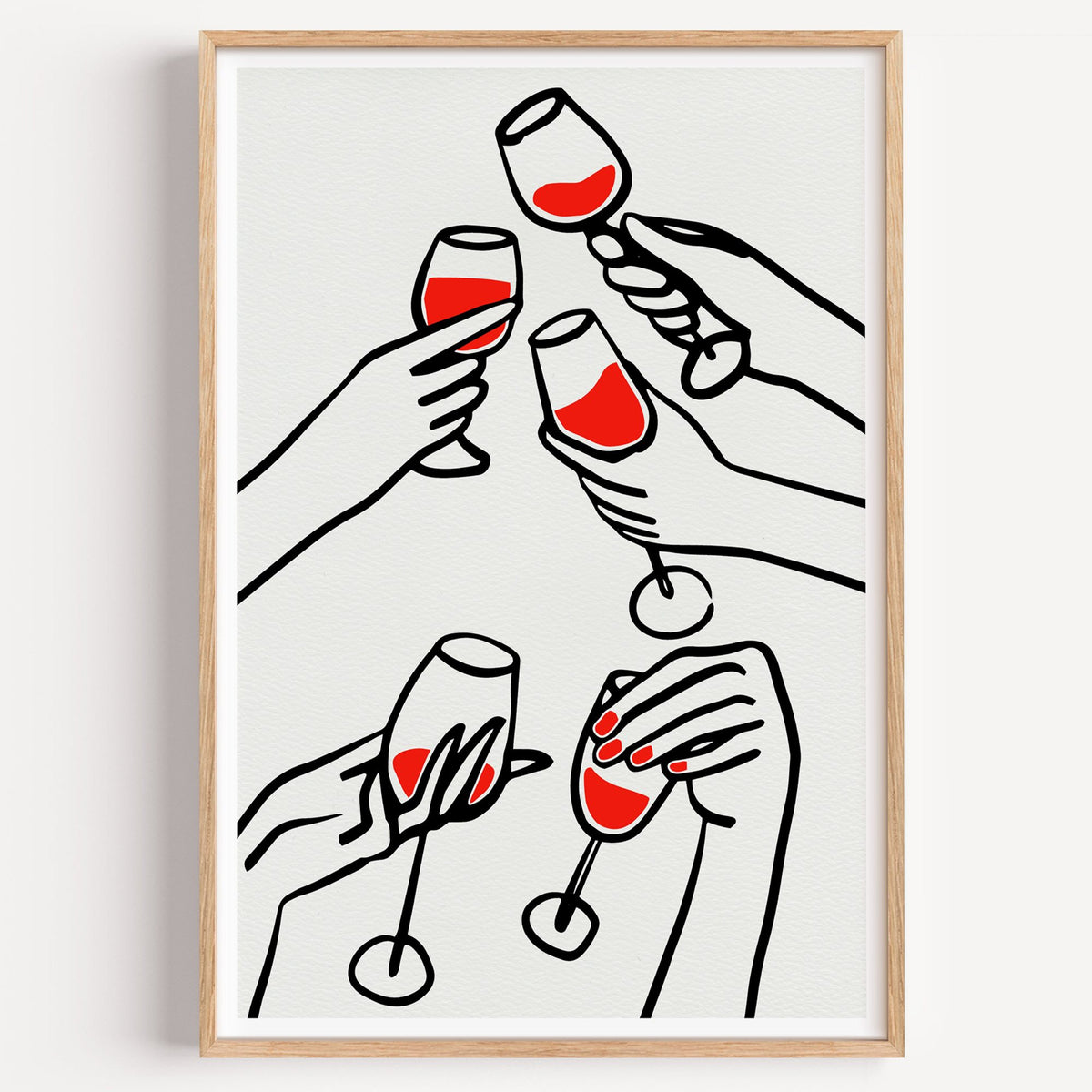 Five hands red wine toast line print in a light oak frame on a plain white wall