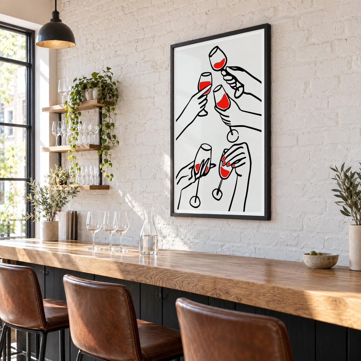 Five hands red wine toast line print in a black frame on a white brick wall above a wine bar counter