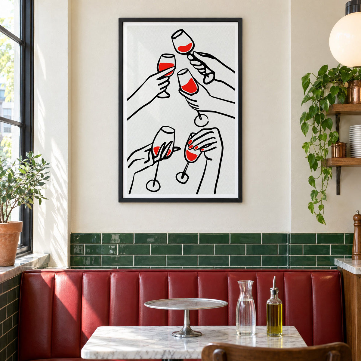 Five hands red wine toast line print in a black frame above a red leather booth in a sunny pizzeria