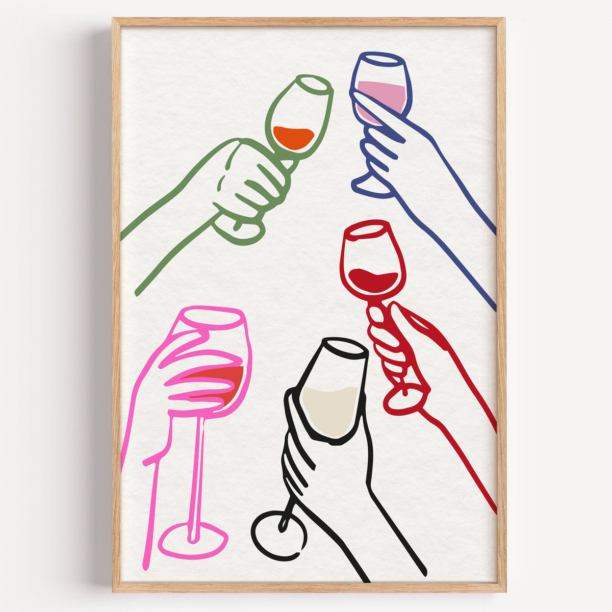 Five hands multicolor wine toast print in a light oak frame on a plain white wall