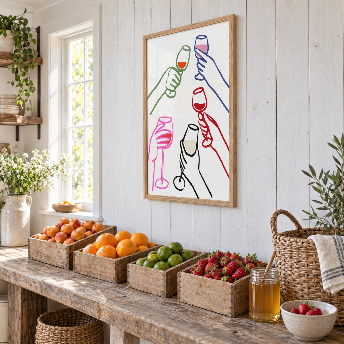 Five hands multicolor wine toast print in an oak frame on white plank walls above wooden crates of fresh fruit, seen at an angle
