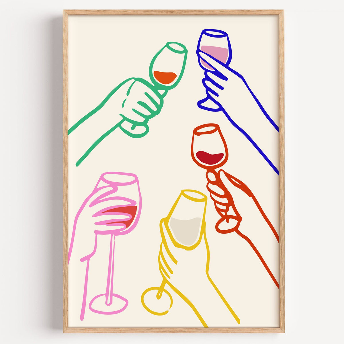 Five hands colorful line wine toast print in a light oak frame on a plain white wall