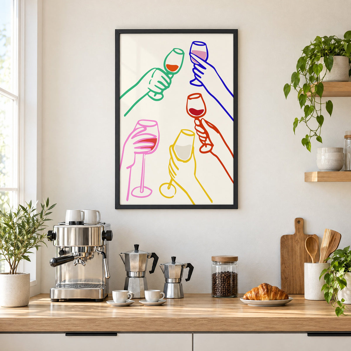 Five hands colorful line wine toast print in a black frame above a home espresso bar with moka pots and espresso cups