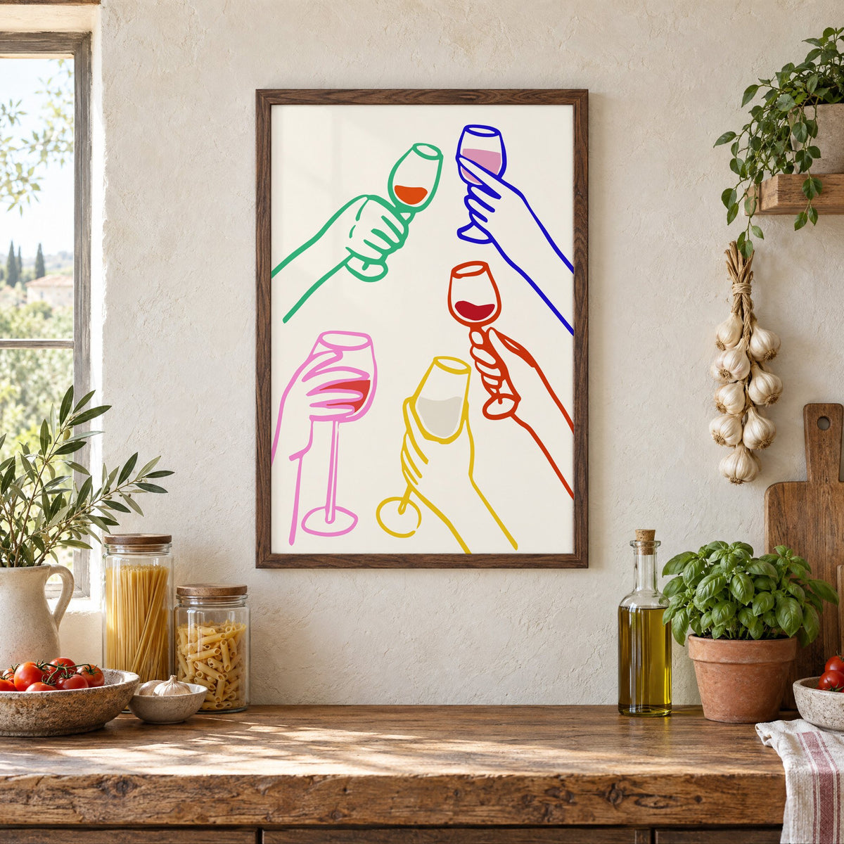 Five hands colorful line wine toast print in a walnut frame above a rustic Italian pantry counter with pasta jars, garlic and tomatoes