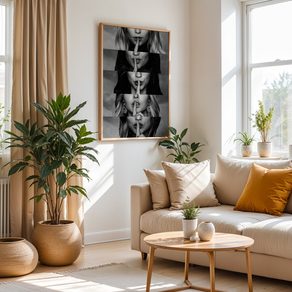 Five stacked strips of finger to lips hush print in an oak frame above a cream sofa beside woven planters