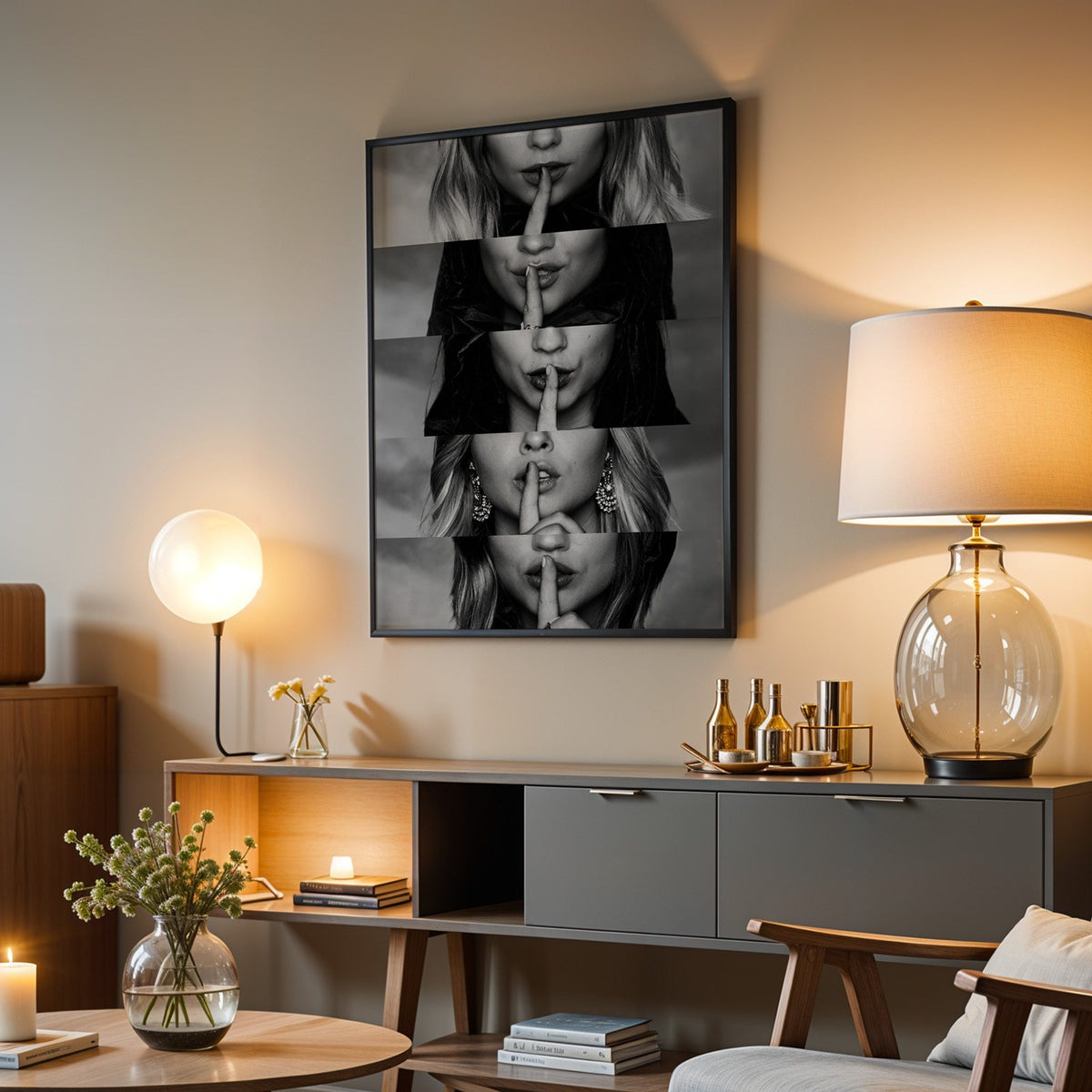Five stacked strips of finger to lips hush print in a black frame above a grey media console with a glass table lamp