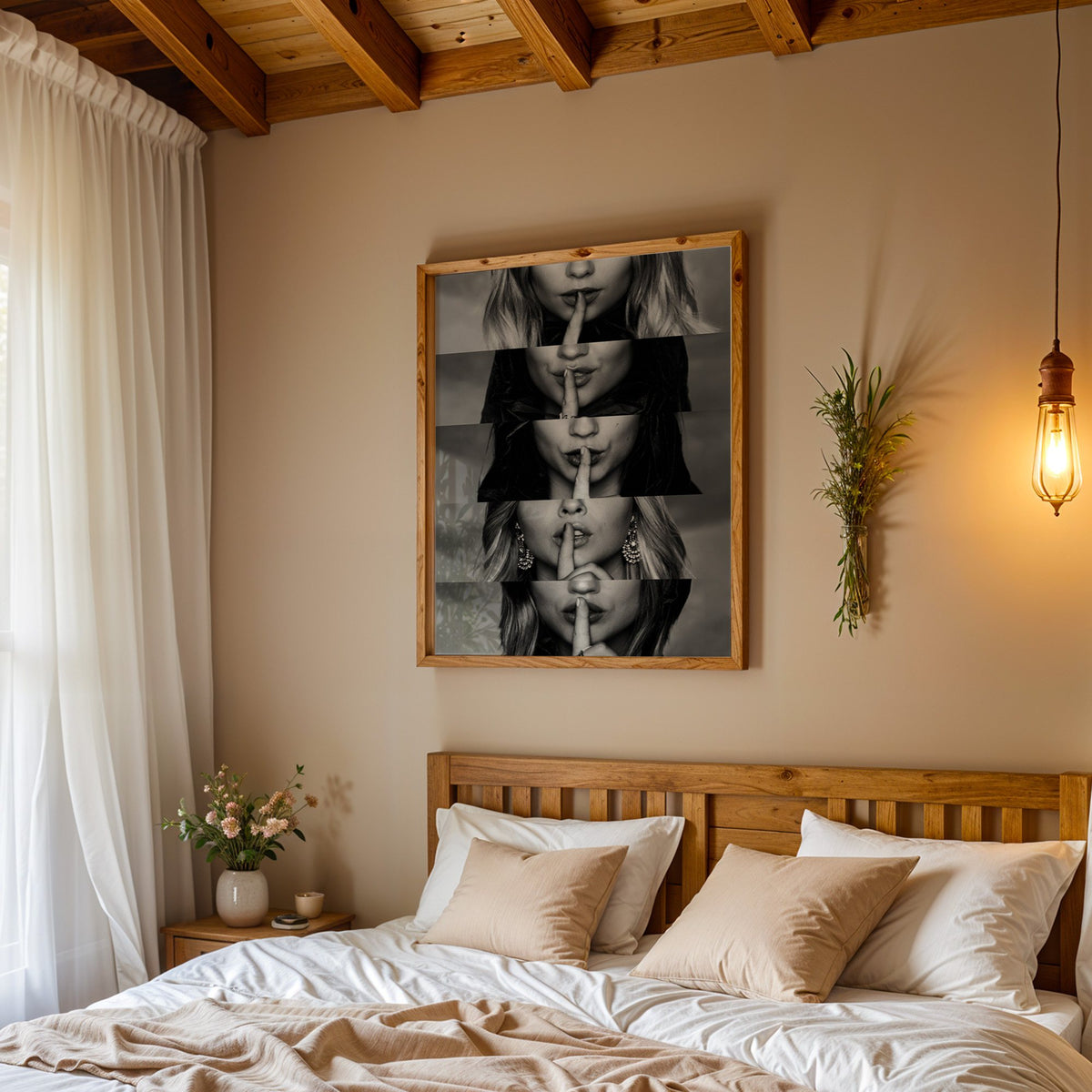 Five stacked strips of finger to lips hush print in a pine frame above a wood headboard bed under a pendant bulb