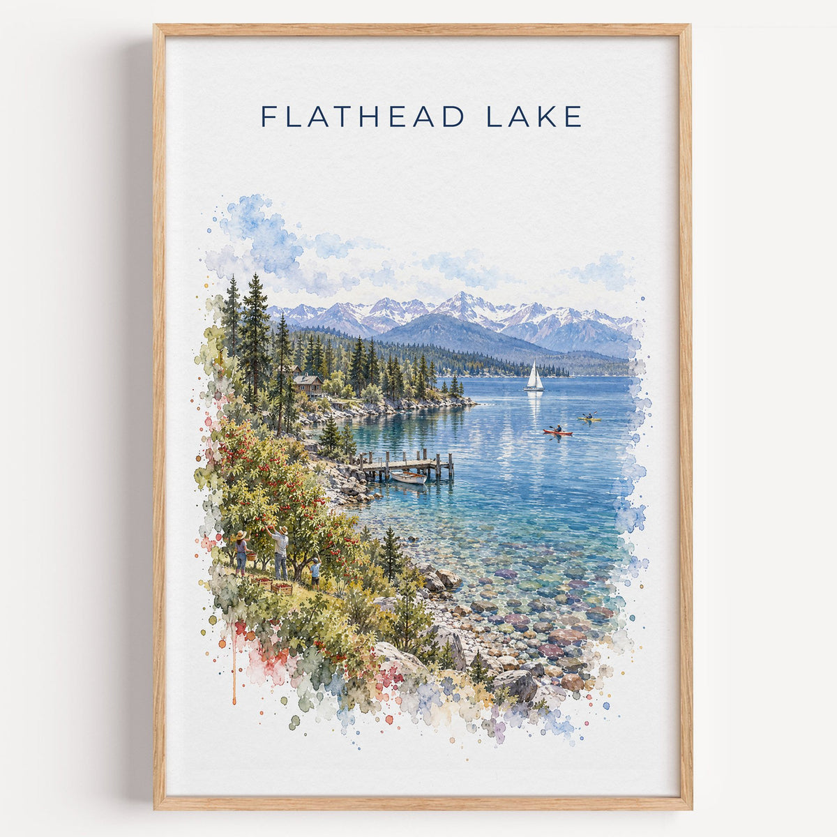 Flathead Lake watercolor print in a light oak frame on a plain white wall