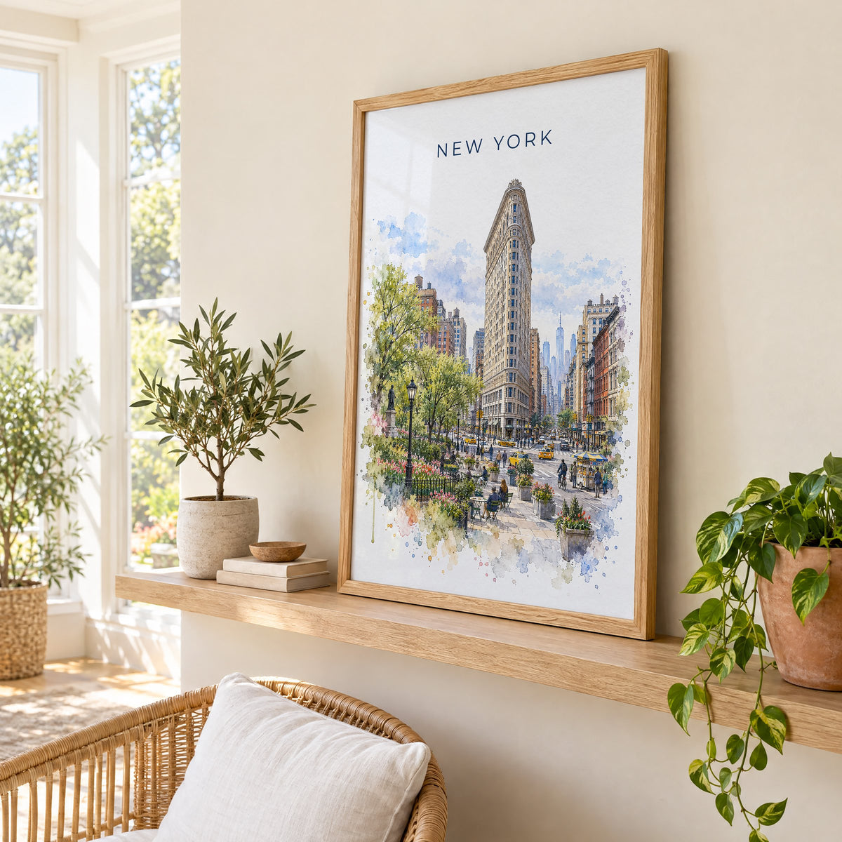 Flatiron Building watercolor print in an oak frame on a picture ledge in a sunlit sunroom