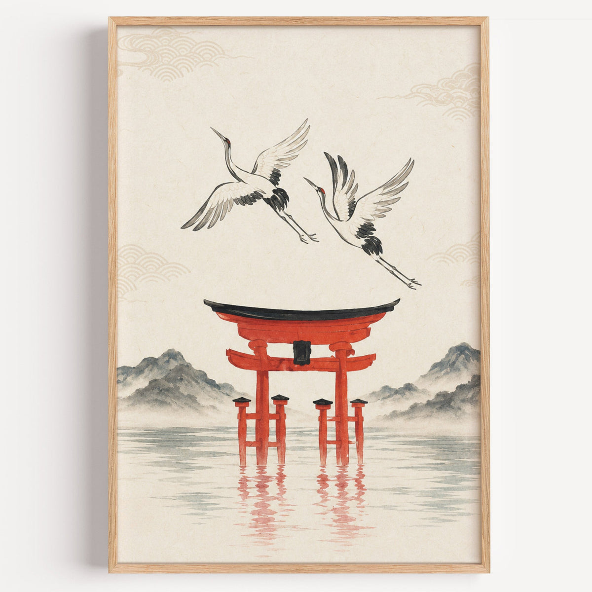 red torii gate with cranes print in a light oak frame on a plain white wall