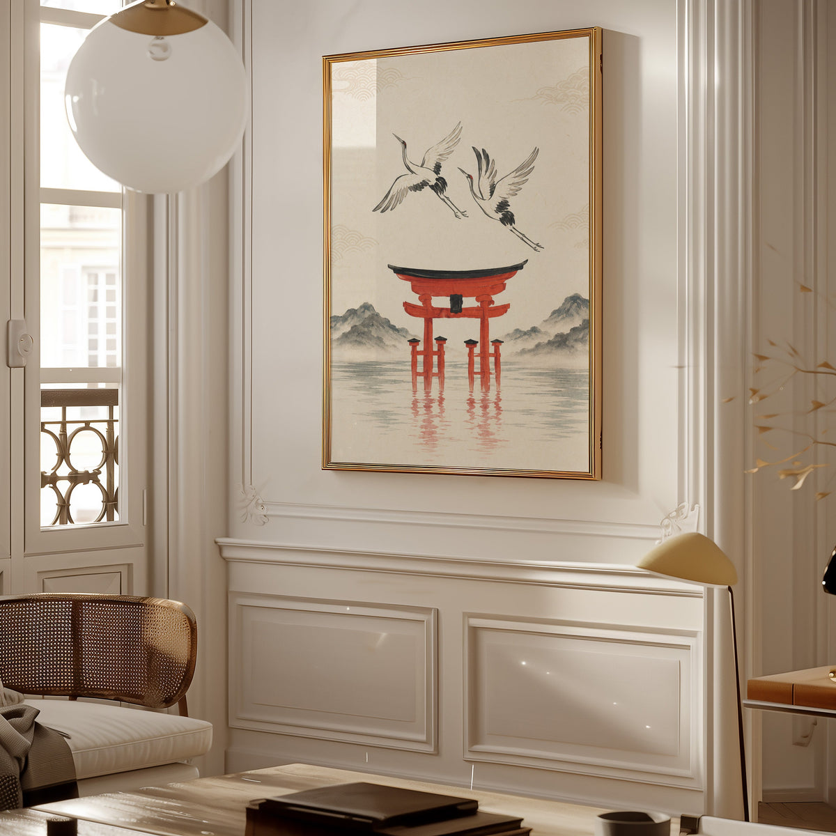red torii gate with cranes print shown in a gold frame on a paneled wall in a Parisian-style living room