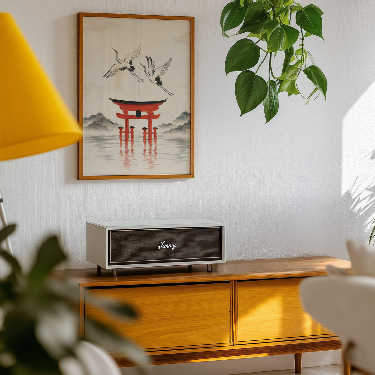 red torii gate with cranes print in an oak frame above a teak mid-century sideboard with trailing pothos
