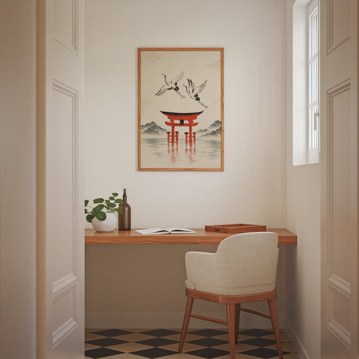 red torii gate with cranes print in an oak frame above a wall-mounted desk in a home office nook
