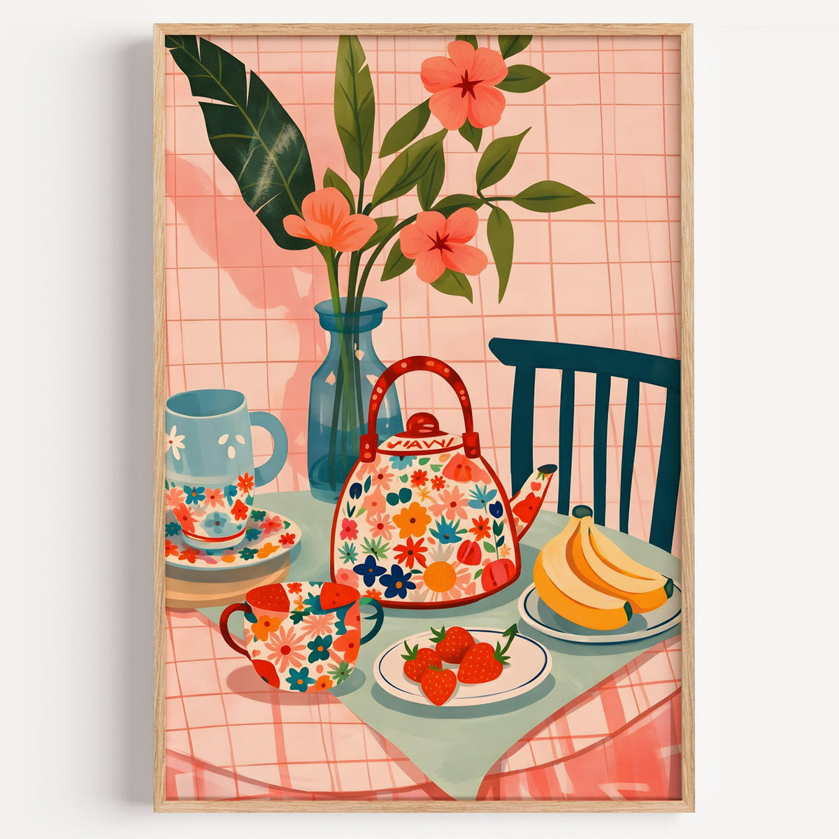 Floral teapot tea print in a light oak frame on a plain white wall