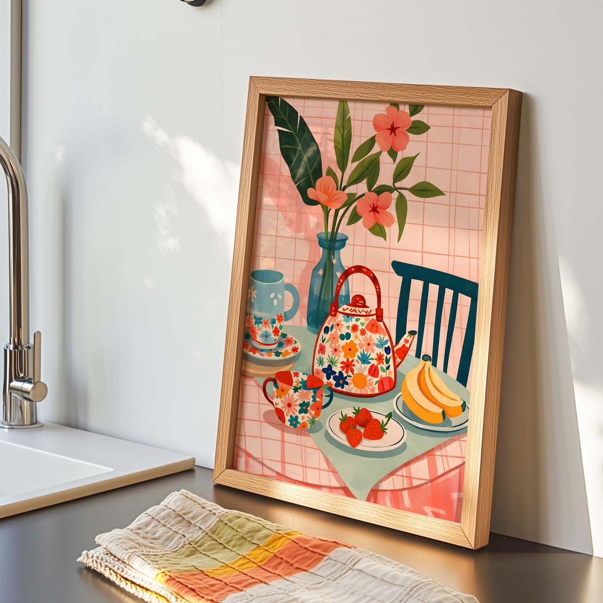 Floral teapot print in an oak frame by the kitchen sink beside a striped tea towel