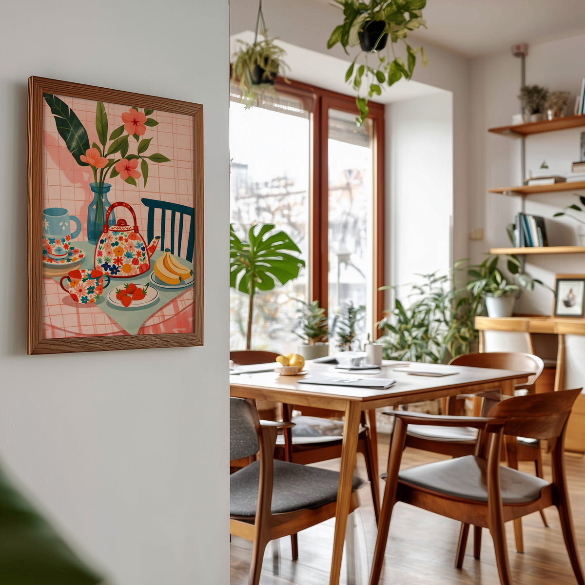 Floral teapot print in a walnut frame beside a mid-century dining table