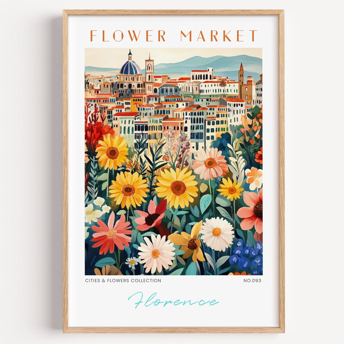Florence flower market print in a light oak frame on a plain white wall