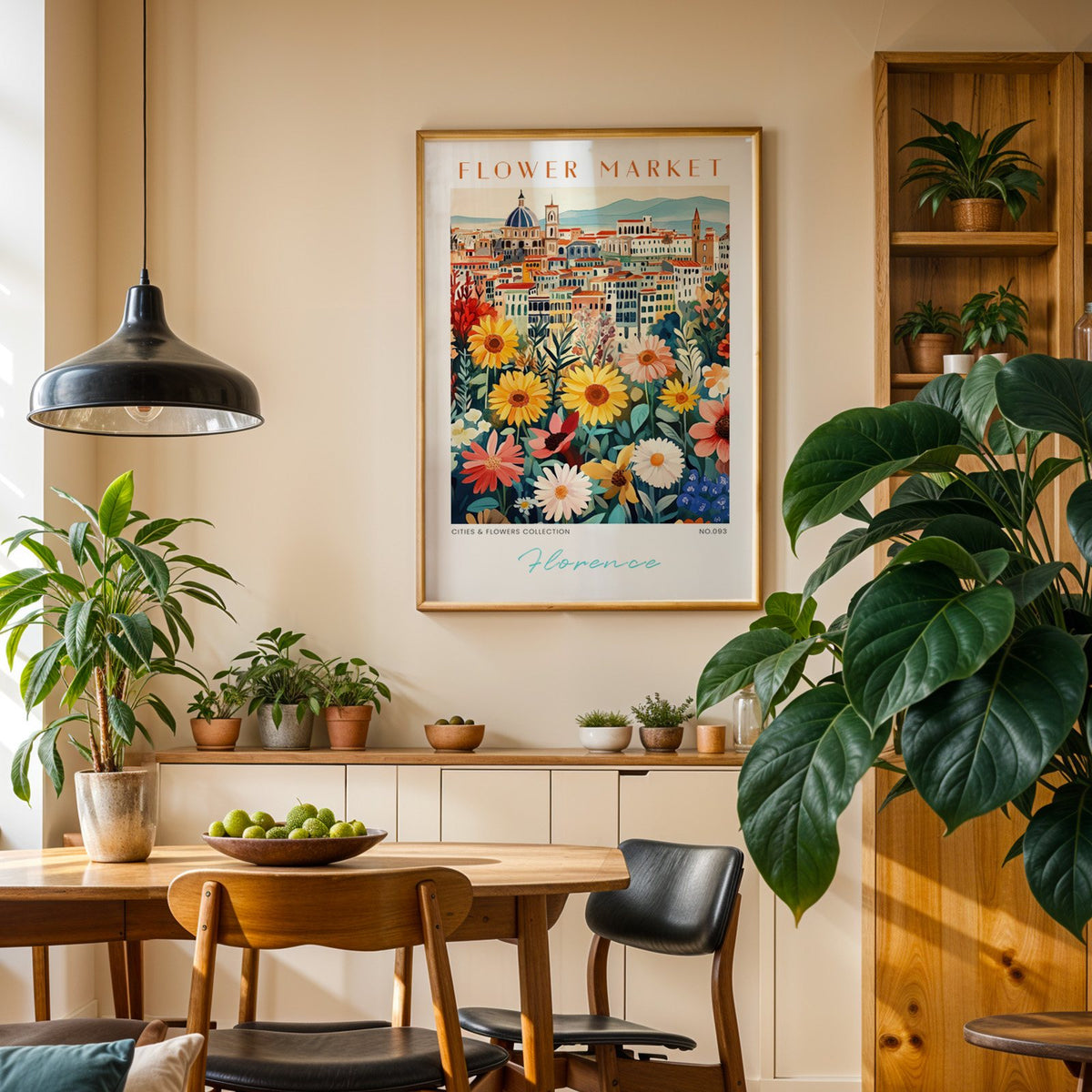 Florence flower market print in an oak frame above a dining sideboard lined with potted plants