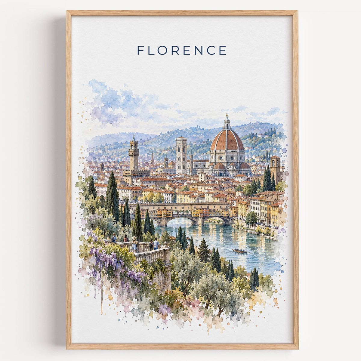 Florence watercolor print in a light oak frame on a plain white wall