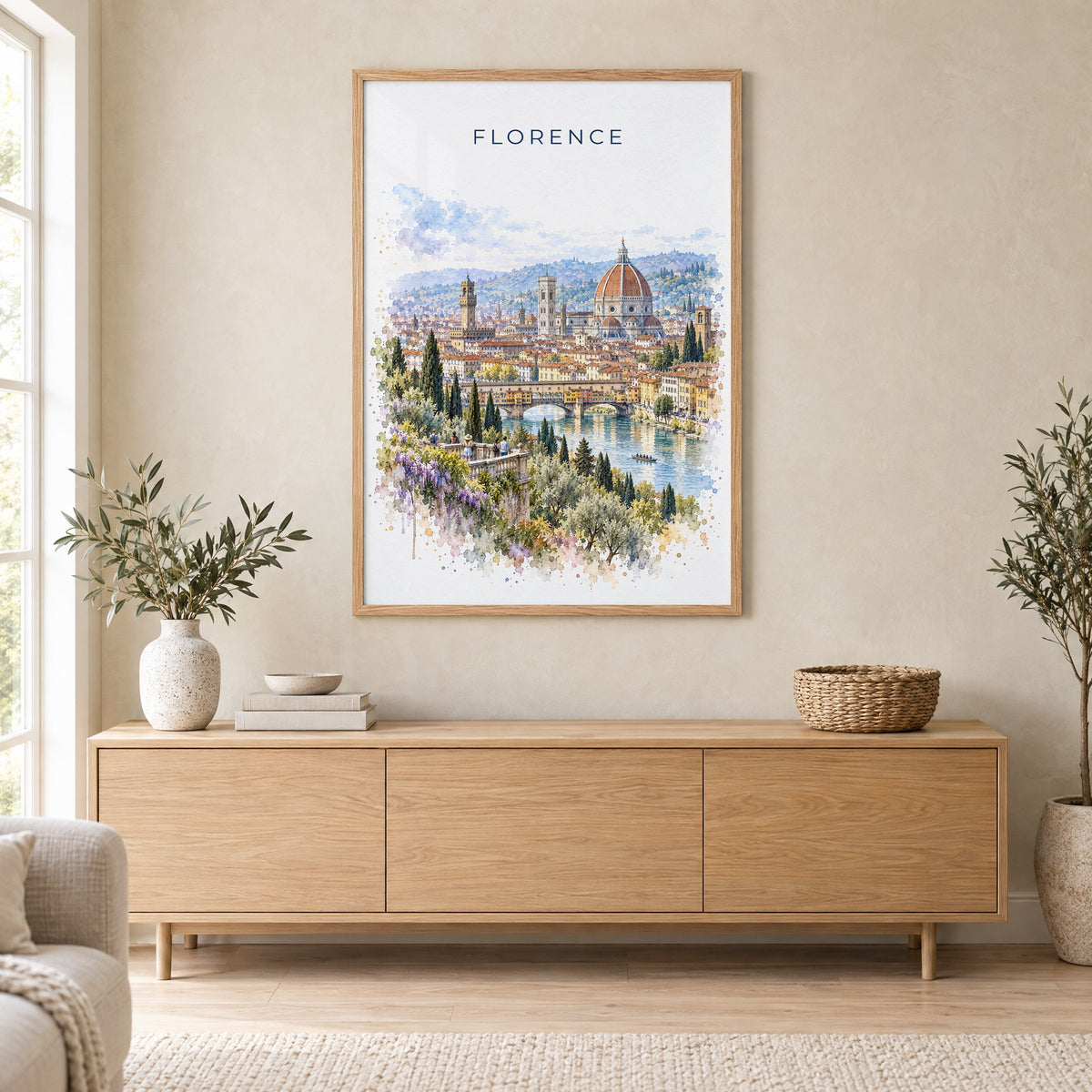 Florence watercolor print in an oak frame above a light wood sideboard in a Scandinavian living room