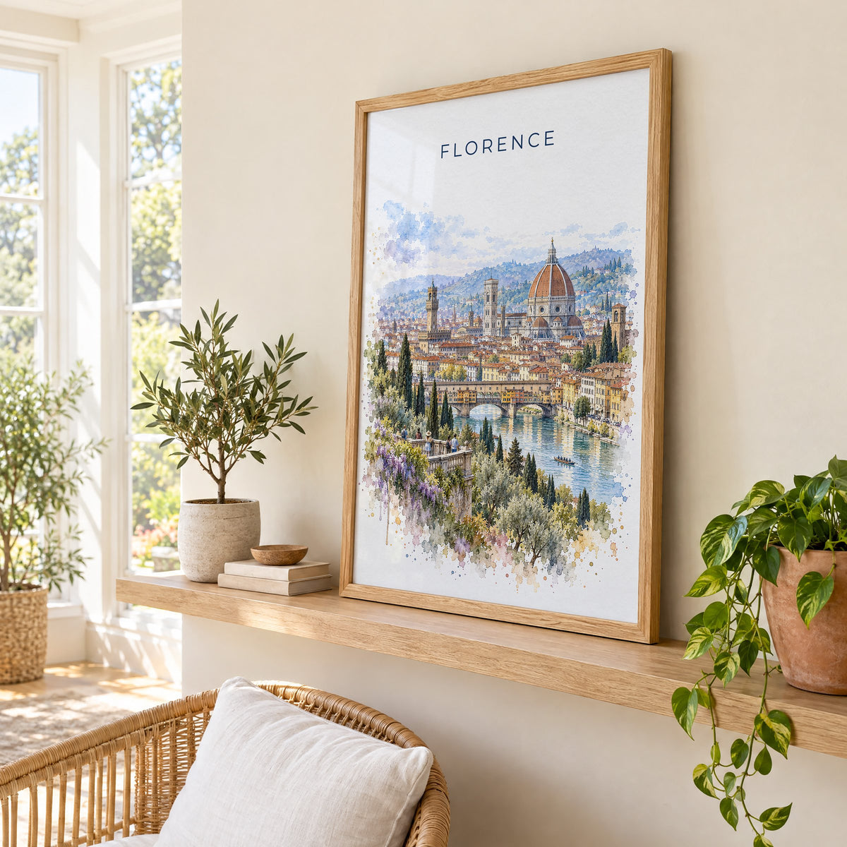 Florence watercolor print in an oak frame on a picture ledge in a sunlit sunroom