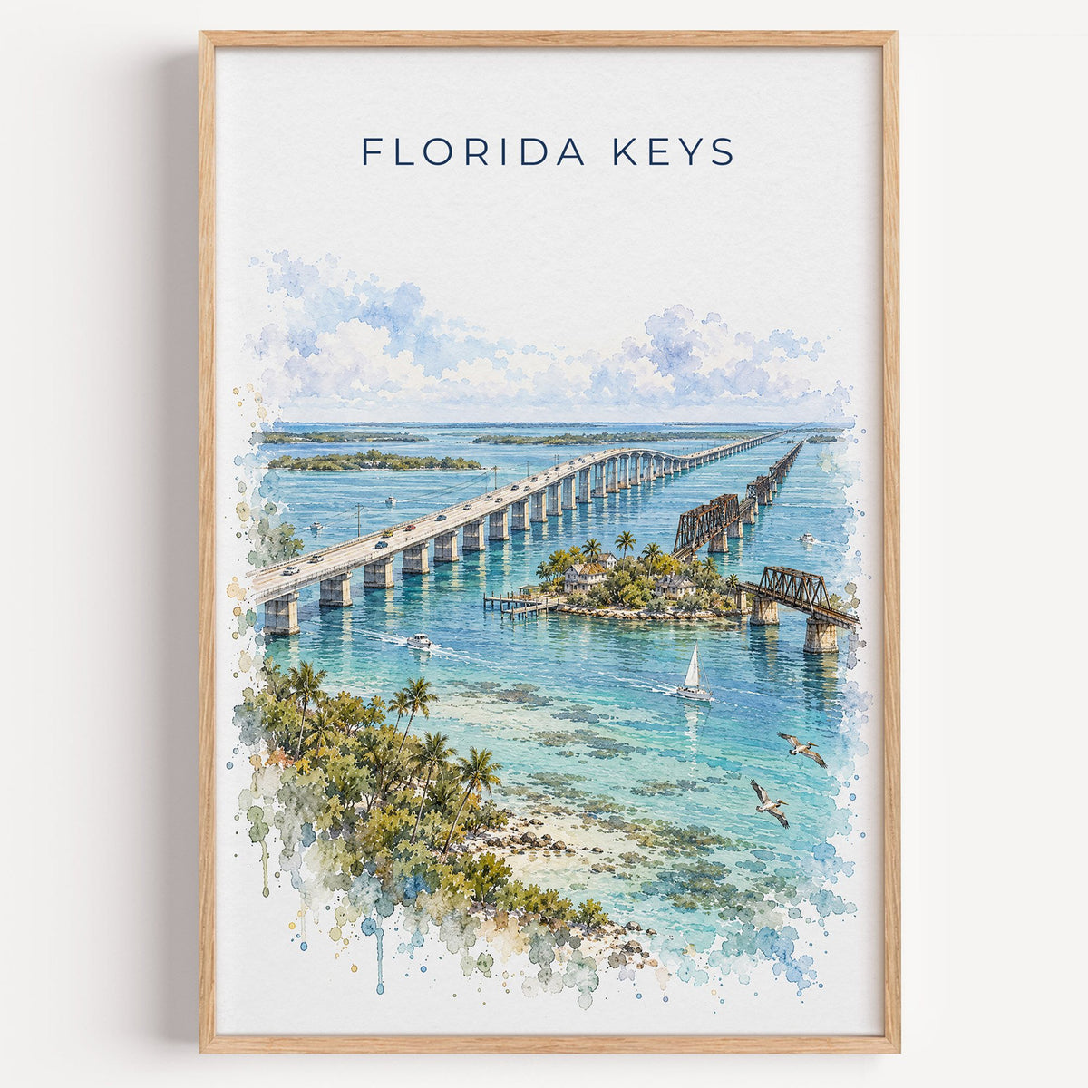 Florida Keys watercolor print in a light oak frame on a plain white wall