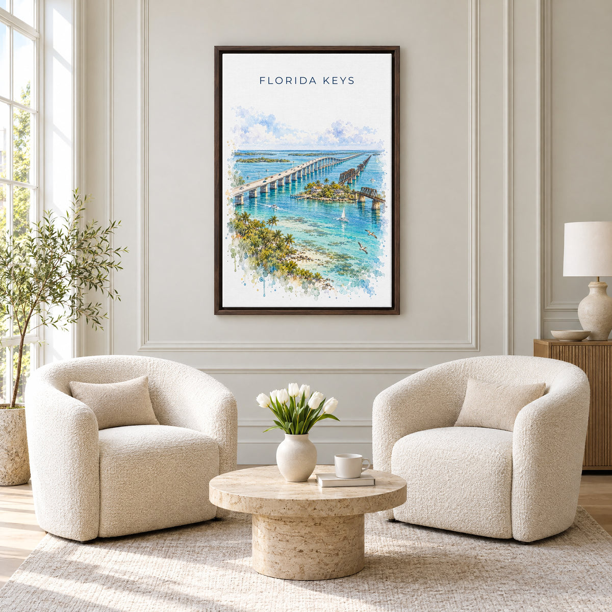 Florida Keys watercolor print as an espresso floater canvas above two boucle armchairs in a hotel lounge