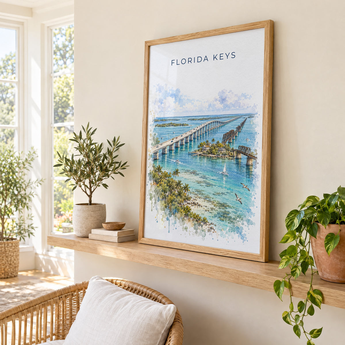 Florida Keys watercolor print in an oak frame on a picture ledge in a sunlit sunroom