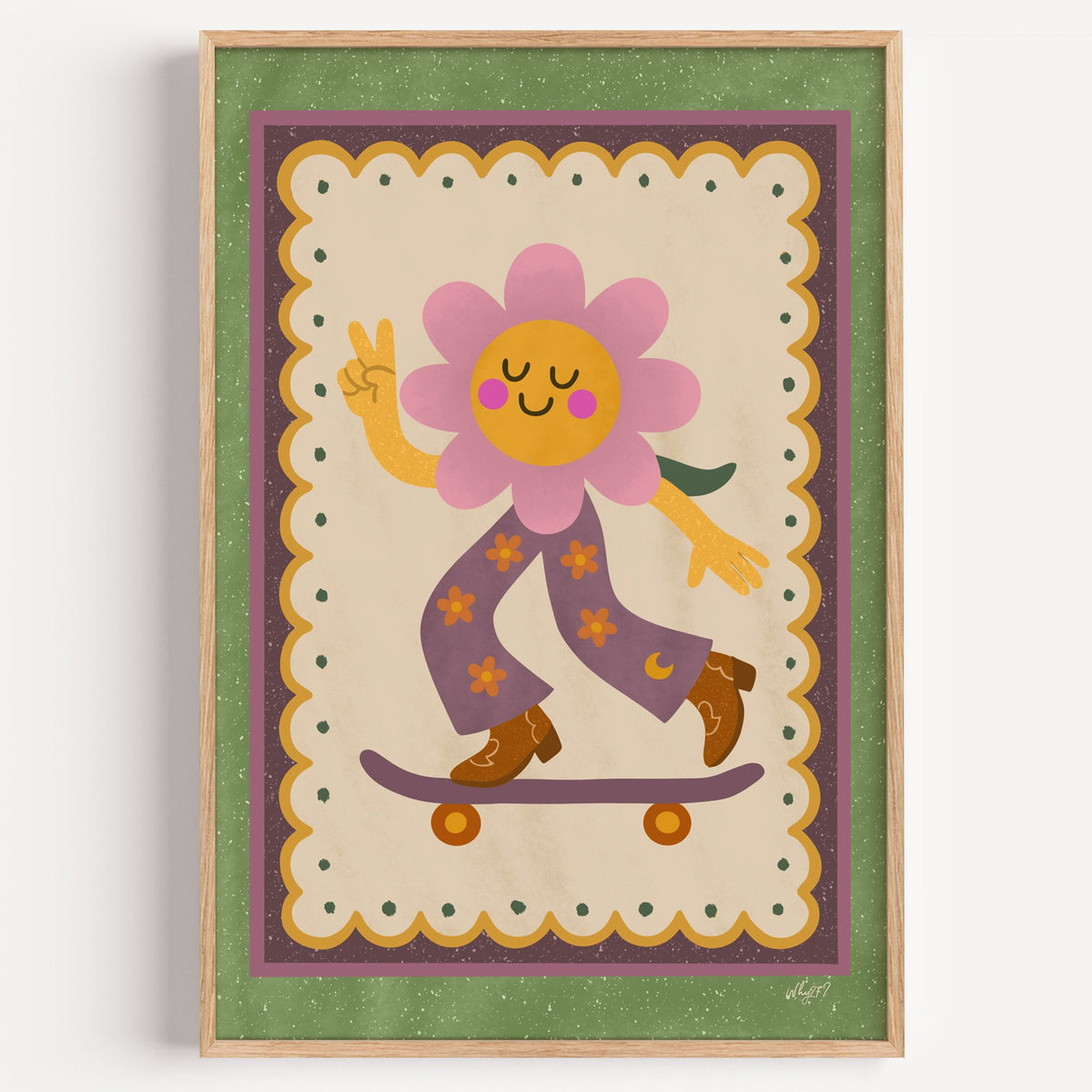 Groovy flower on skateboard nursery print in a light oak frame on a plain white wall