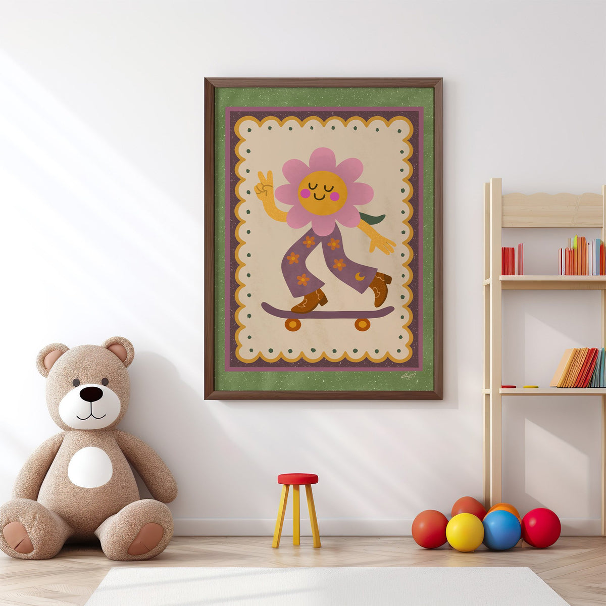 Groovy flower on skateboard nursery print in a walnut frame above a big teddy bear by a bookshelf