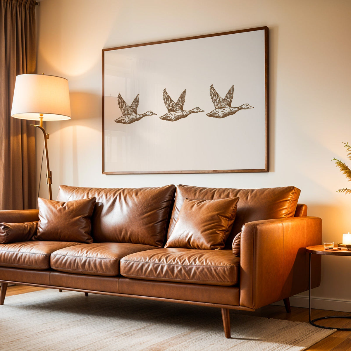 Flying ducks trio cream print in a walnut frame above a lamplit leather sofa