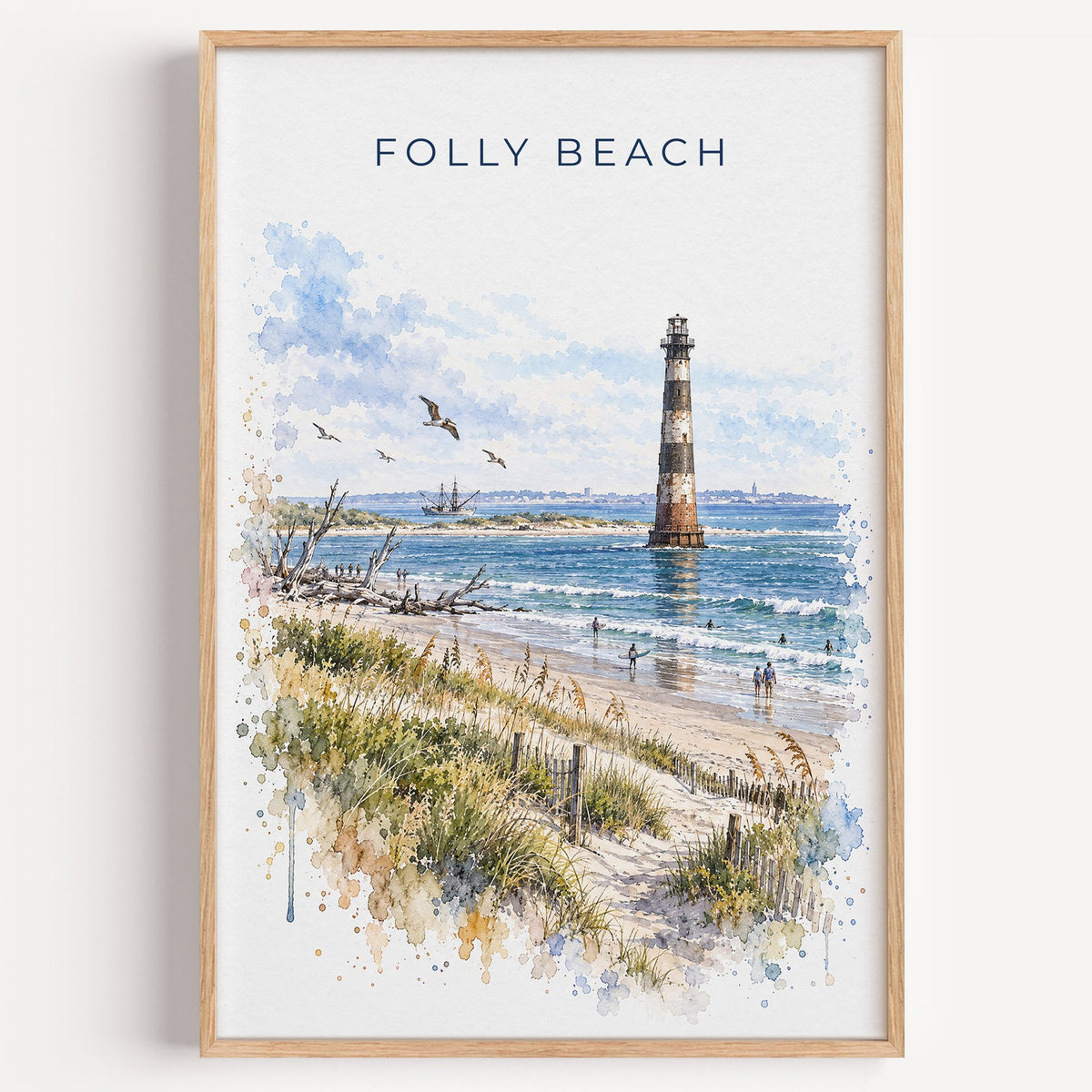 Folly Beach watercolor print in a light oak frame on a plain white wall