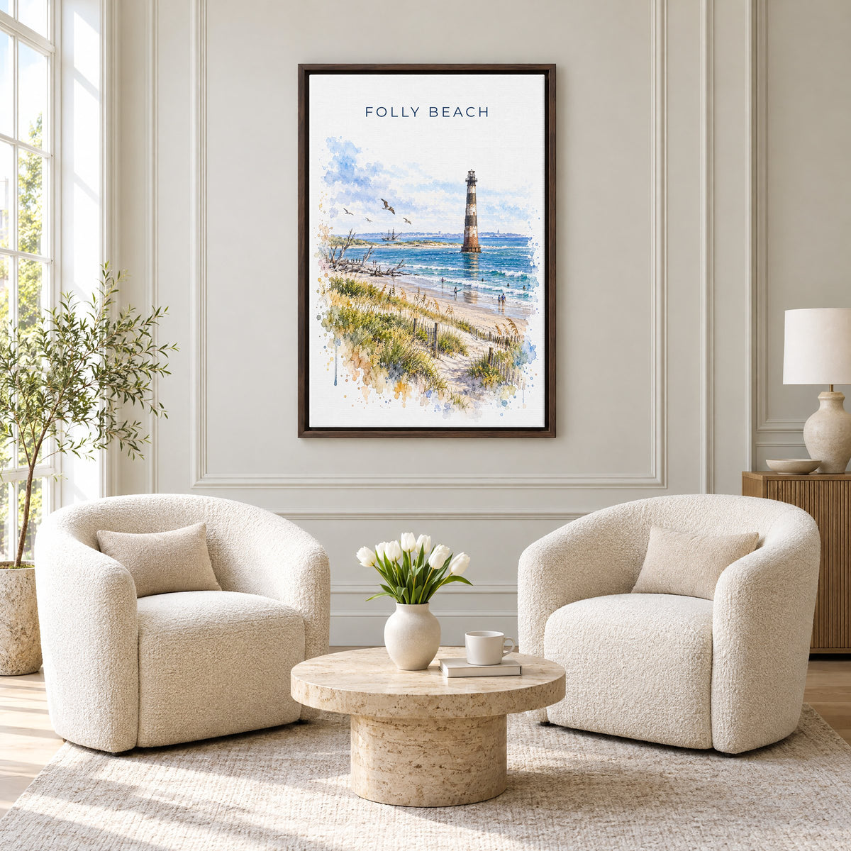 Folly Beach watercolor print as an espresso floater canvas above two boucle armchairs in a hotel lounge