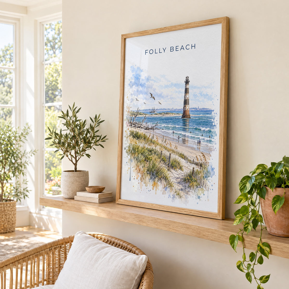 Folly Beach watercolor print in an oak frame on a picture ledge in a sunlit sunroom