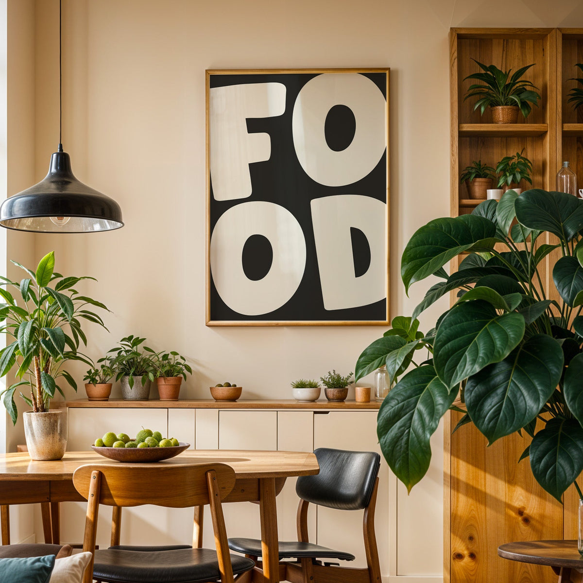 Bold food typography print in an oak frame above a sideboard in a plant-filled dining room