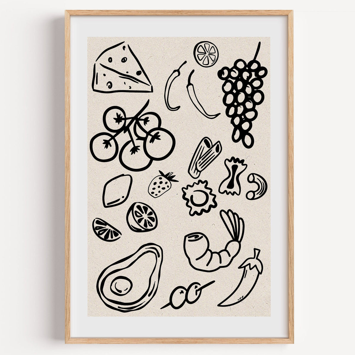 Black line food doodle pattern print in a light oak frame on a plain white wall