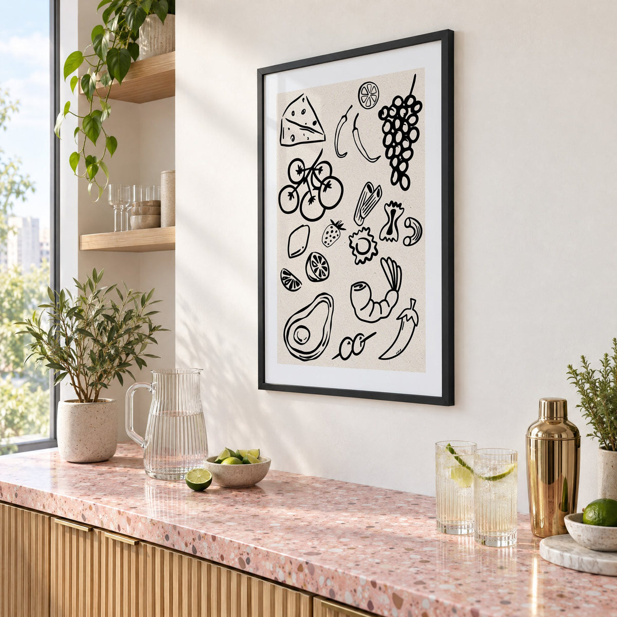 Black line food doodle pattern print in a black frame above a pink terrazzo cocktail counter with limes, seen at an angle