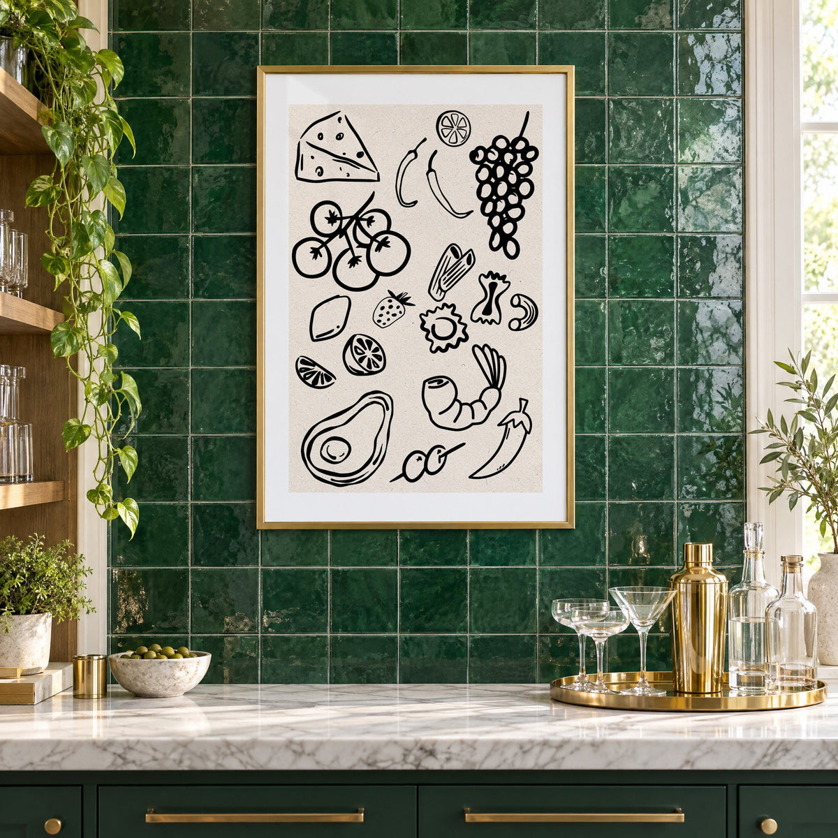 Black line food doodle pattern print in a brass frame on emerald green tiles above a home bar with coupe glasses