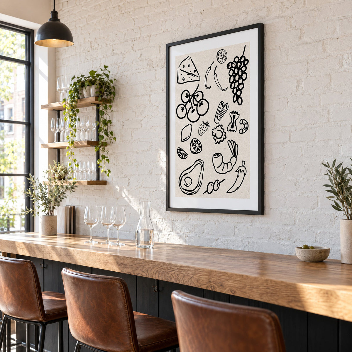 Black line food doodle pattern print in a black frame on a white brick wall above a wine bar counter