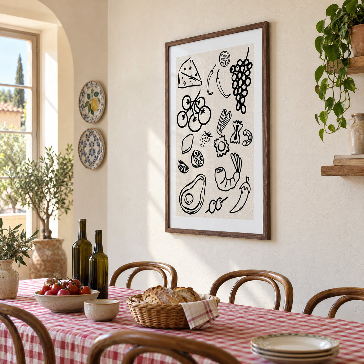 Black line food doodle pattern print in a walnut frame above a gingham-covered trattoria table, seen at an angle