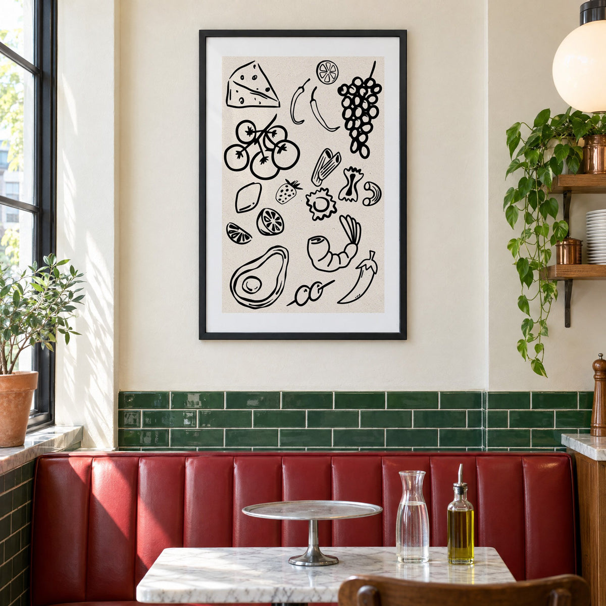 Black line food doodle pattern print in a black frame above a red leather booth in a sunny pizzeria