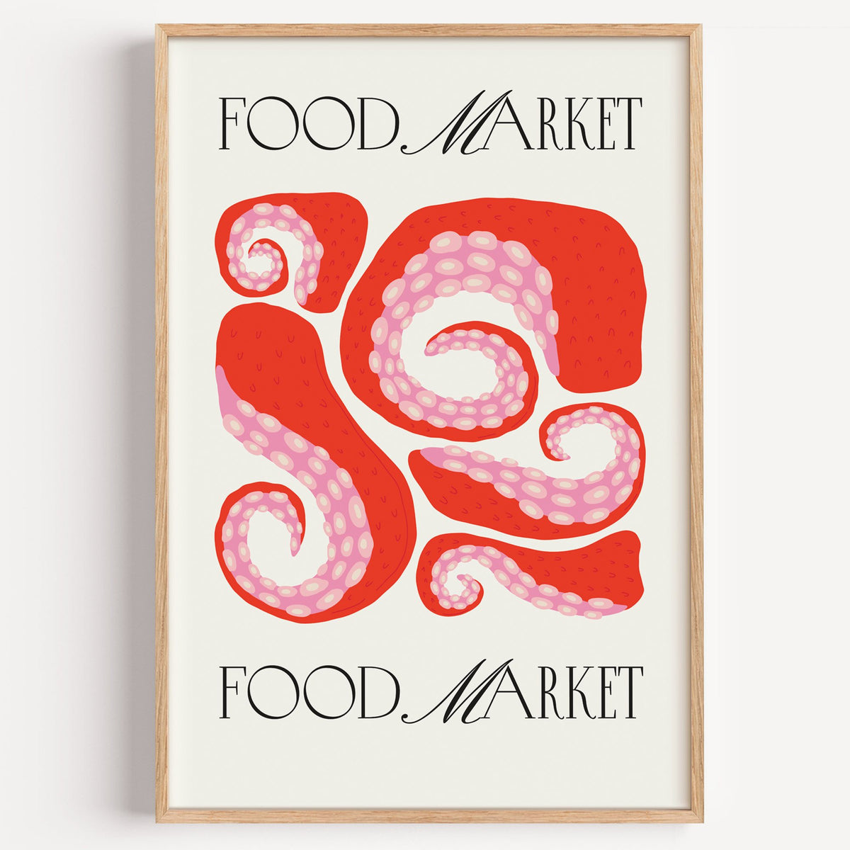 FOOD MARKET red octopus tentacles print in a light oak frame on a plain white wall
