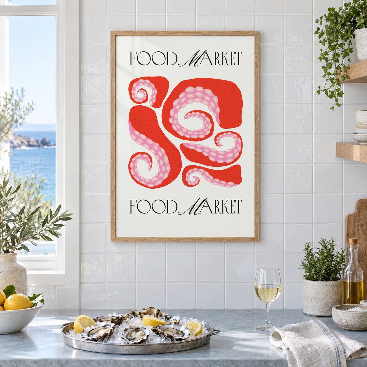 FOOD MARKET red octopus tentacles print in an oak frame on white tiles above a marble counter with oysters and lemons by a sea view
