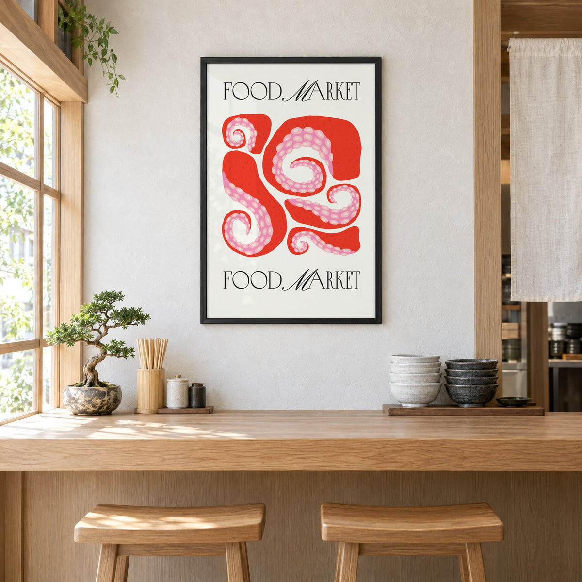 FOOD MARKET red octopus tentacles print in a black frame above a light wood ramen counter with stools and stacked bowls