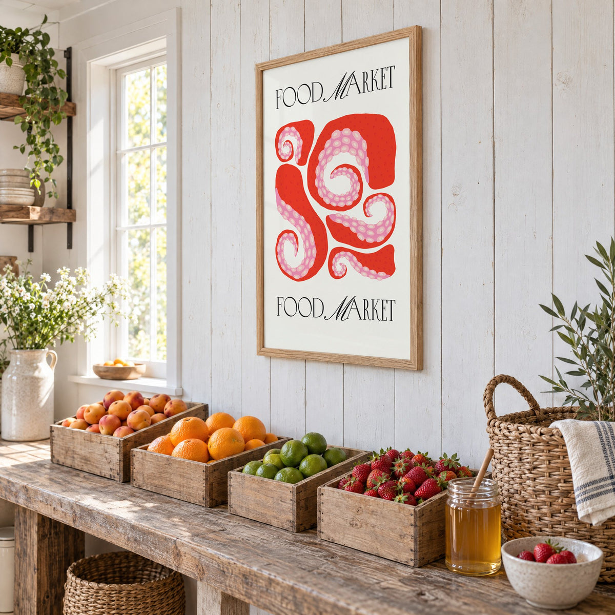 FOOD MARKET red octopus tentacles print in an oak frame on white plank walls above wooden crates of fresh fruit, seen at an angle