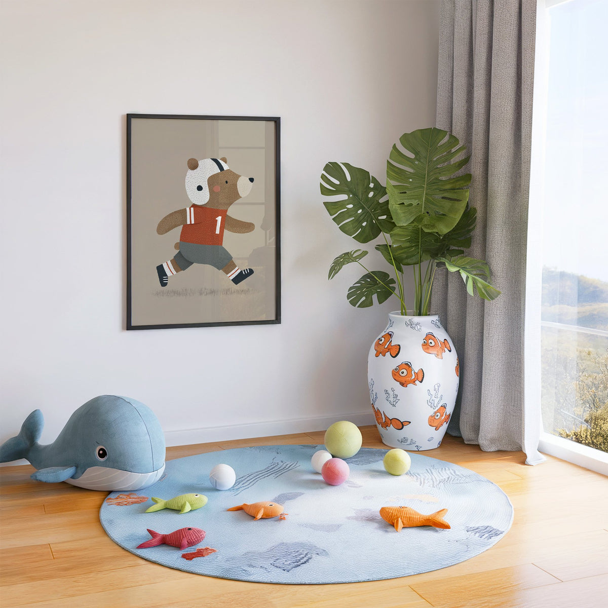 Football bear number one nursery print in a black frame in a playroom with an ocean rug and whale plush