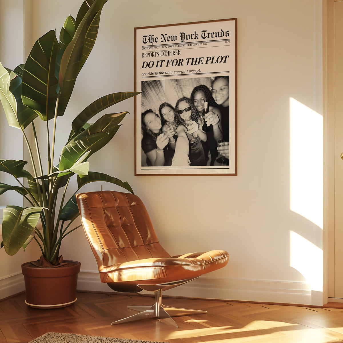 Five friends party selfie mock newspaper print in a walnut frame above a leather lounge chair