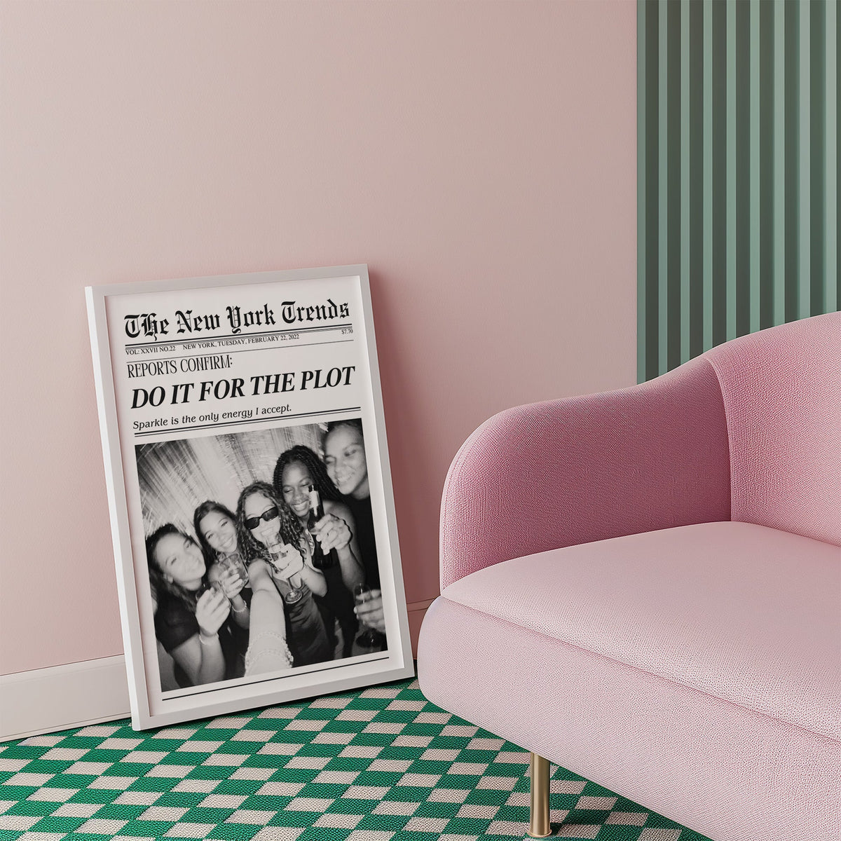Five friends party selfie mock newspaper print in a white frame beside a pink armchair on a checkered floor